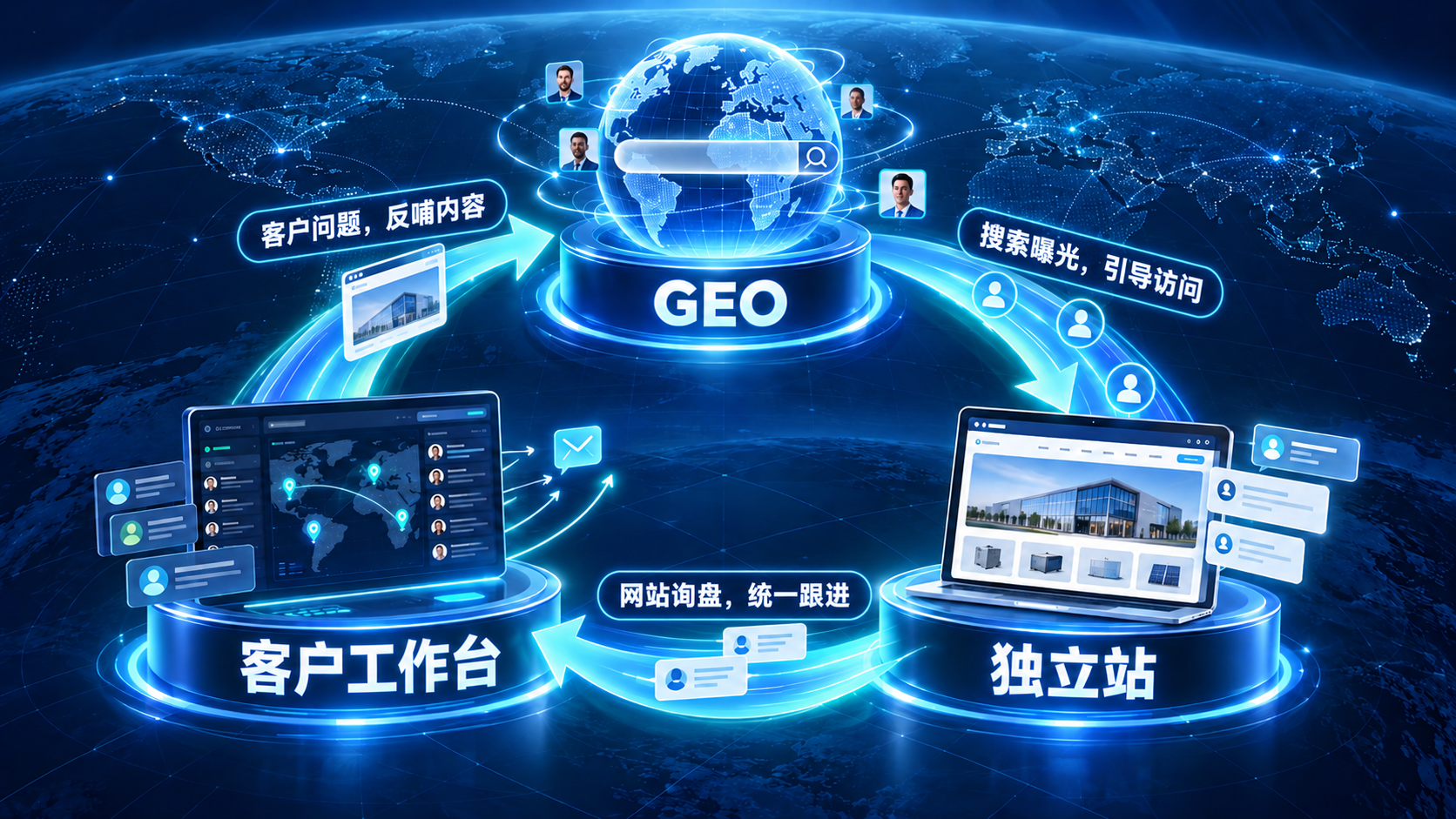 GEO、独立站与客户工作台相互衔接：搜索曝光带来访问，网站询盘进入工作台统一跟进。