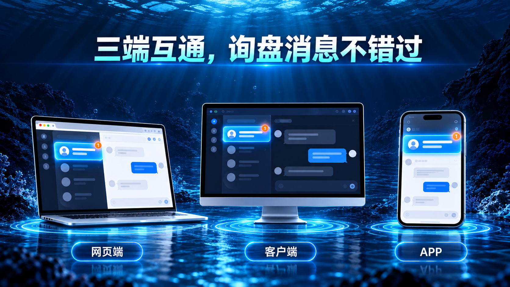 三端互通,询盘消息不错过。网页端、客户端与 APP 的消息统一呈现。